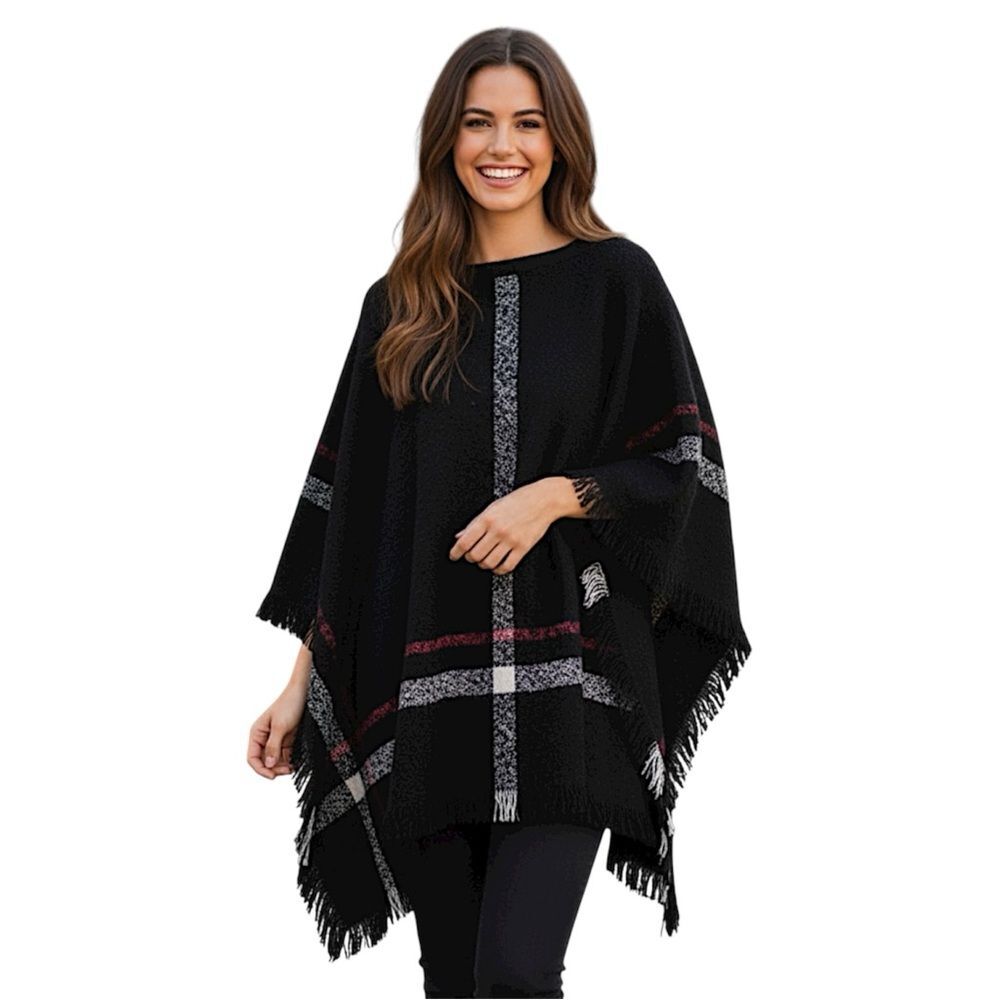 Black Poncho with Pink & White Plaid Stripes by Passports Size Medium